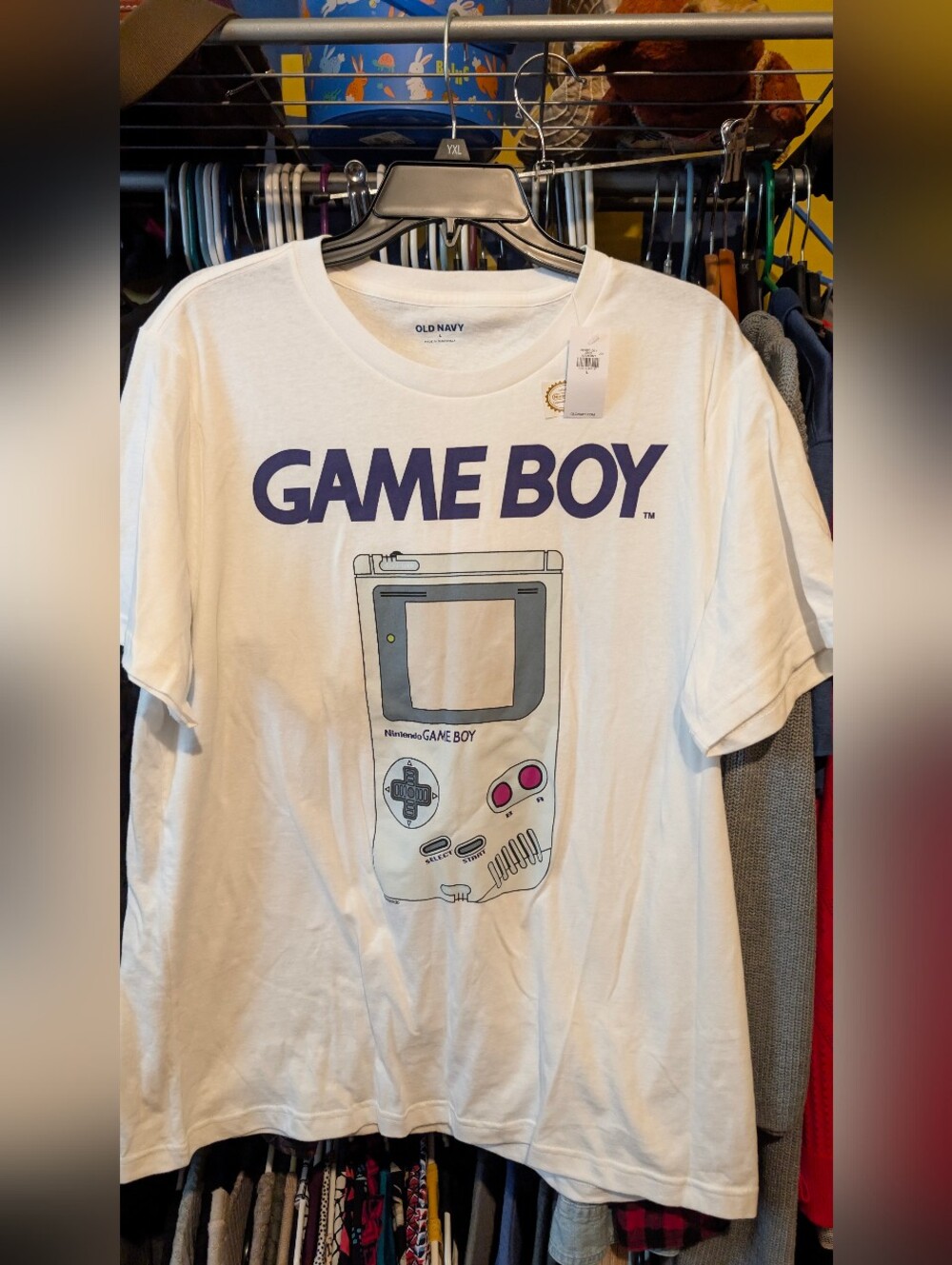 Old Navy White Tee with Navy & Pink Game Boy Graphic